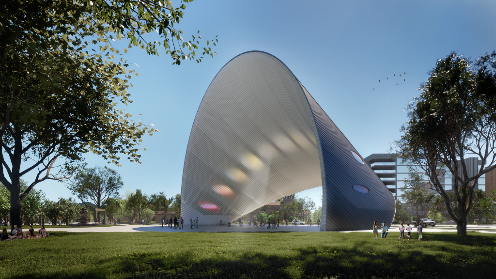 An enormous arch in what appears to be a public park, the arch is white and covers a concrete pad. circles of covered light cross it, and people are walking around under it.