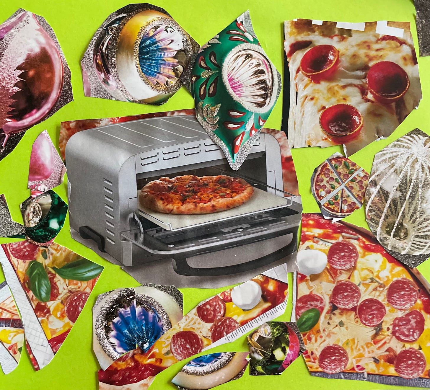 Cut out magazine photos of shiny ornaments and pizza pieces are glued on a bright green background.