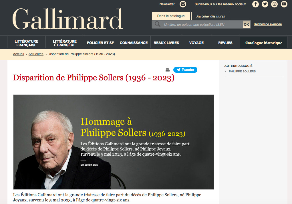 Site internet des éditions Gallimard, page hommage à l'écrivain Phlippe Sollers