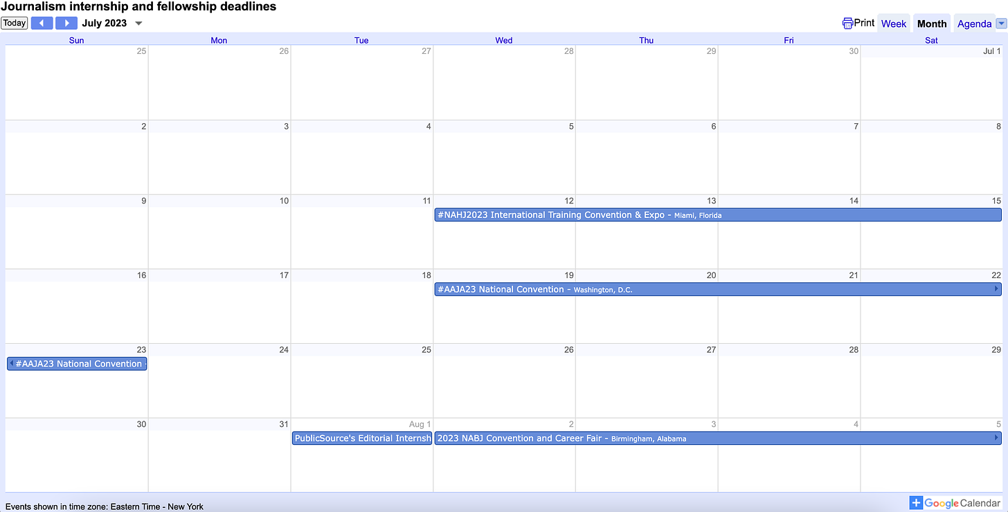 A screenshot of a Google calendar shows dates for NAHJ, AAJA and NABJ conventions in July and August.