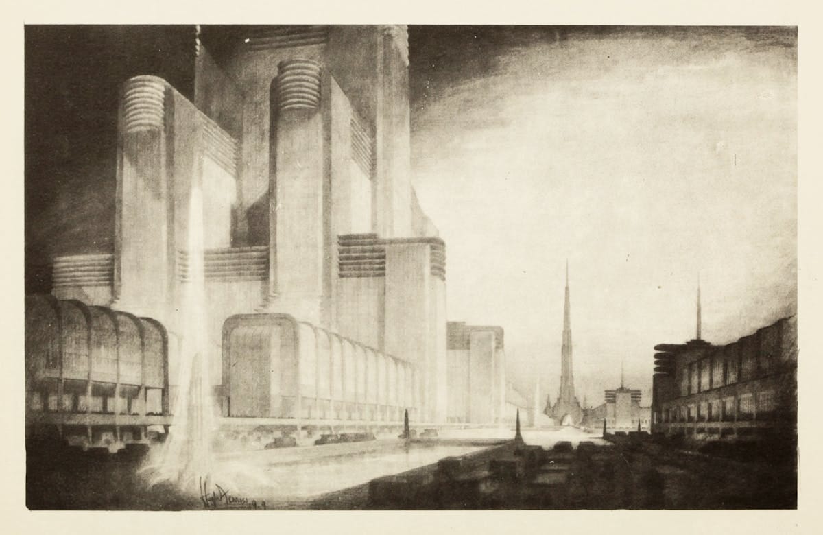 Futuristic cityscape with illuminated modernist buildings featuring cylindrical towers in the foreground and a slender spire visible in the background.