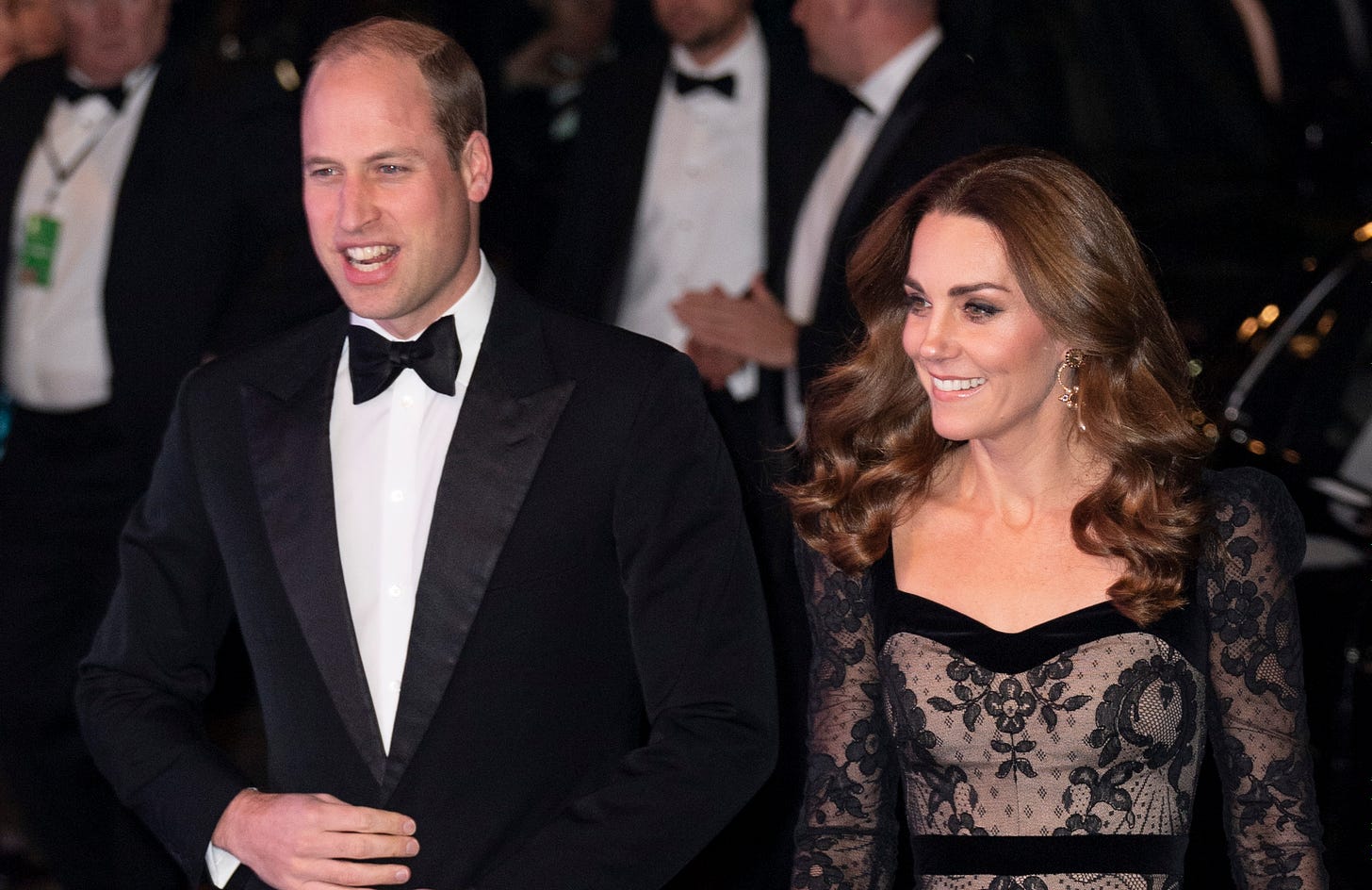 William wearing a tuxedo and Kate in a McQueen evening gown for Royal Variety Performance 2019