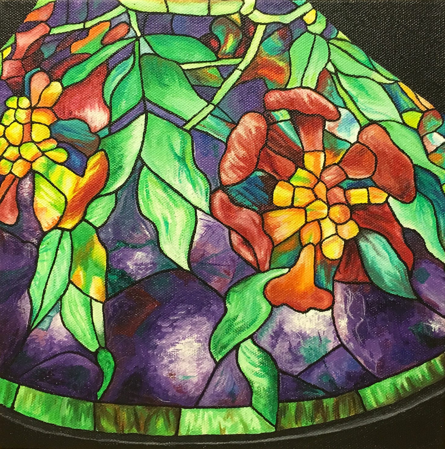 Stained glass inspired painting of a purple lamp with green vines and red trumpet shaped flowers.