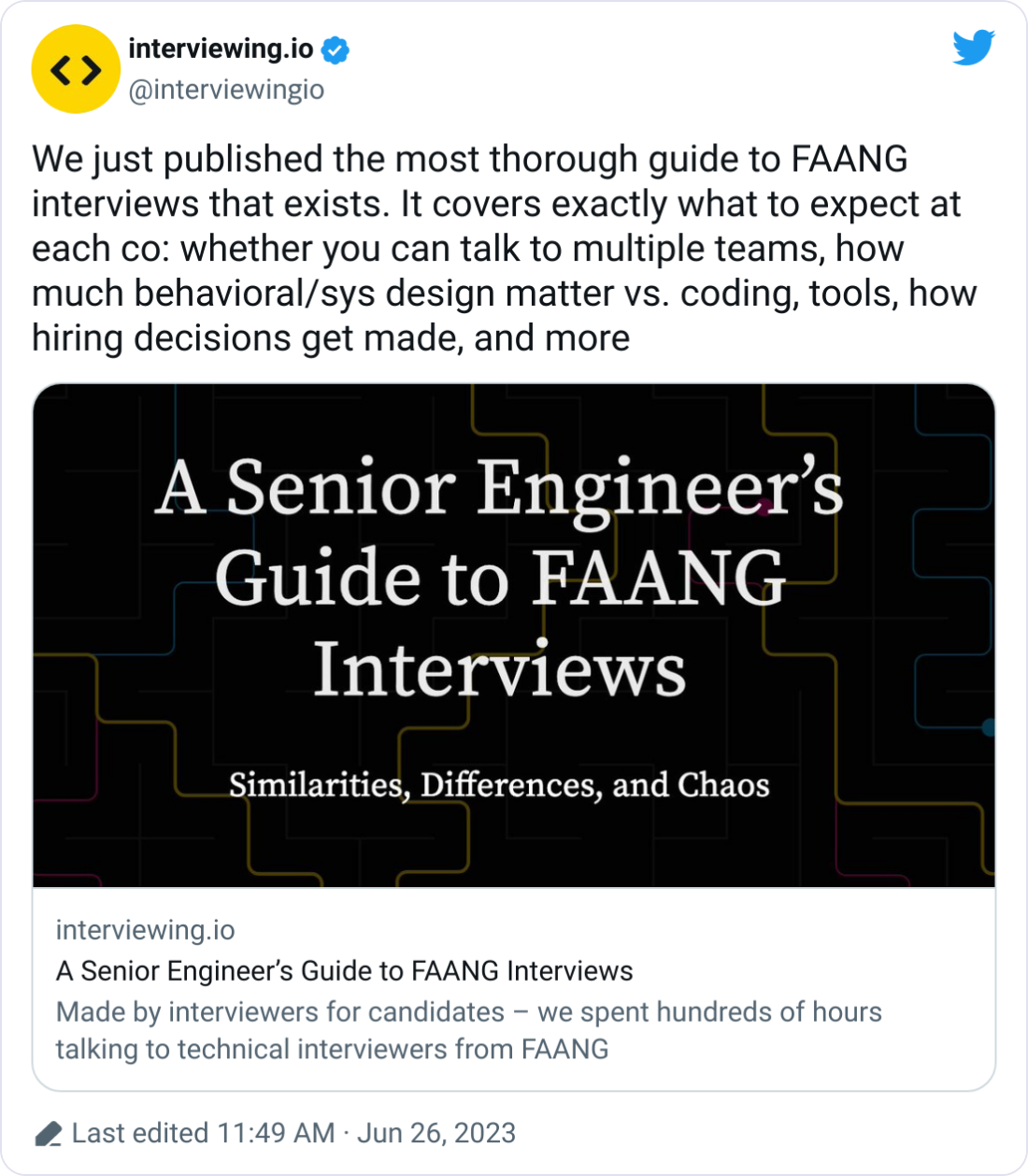 interviewing.io @interviewingio We just published the most thorough guide to FAANG interviews that exists. It covers exactly what to expect at each co: whether you can talk to multiple teams, how much behavioral/sys design matter vs. coding, tools, how hiring decisions get made, and more