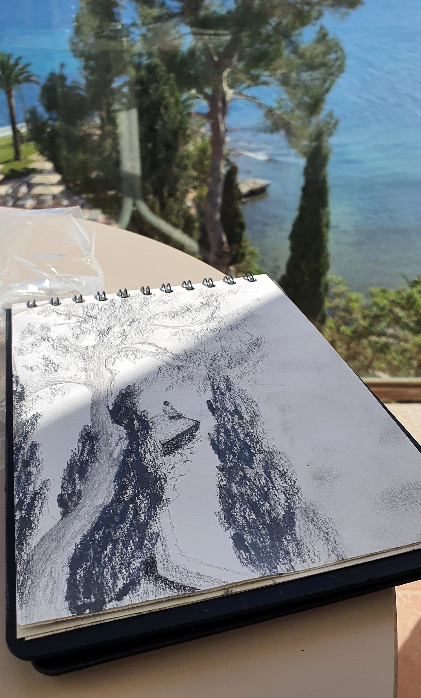 A sketch of the view below in pencil. There are trees and  a person sat looking out to sea