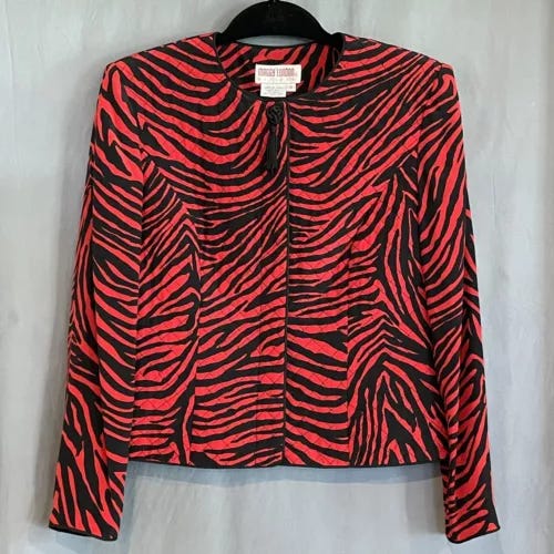 Maggy London Women’s Size 8 Red Black Animal Print Quilted Button Up Jacket VTG - Picture 1 of 7