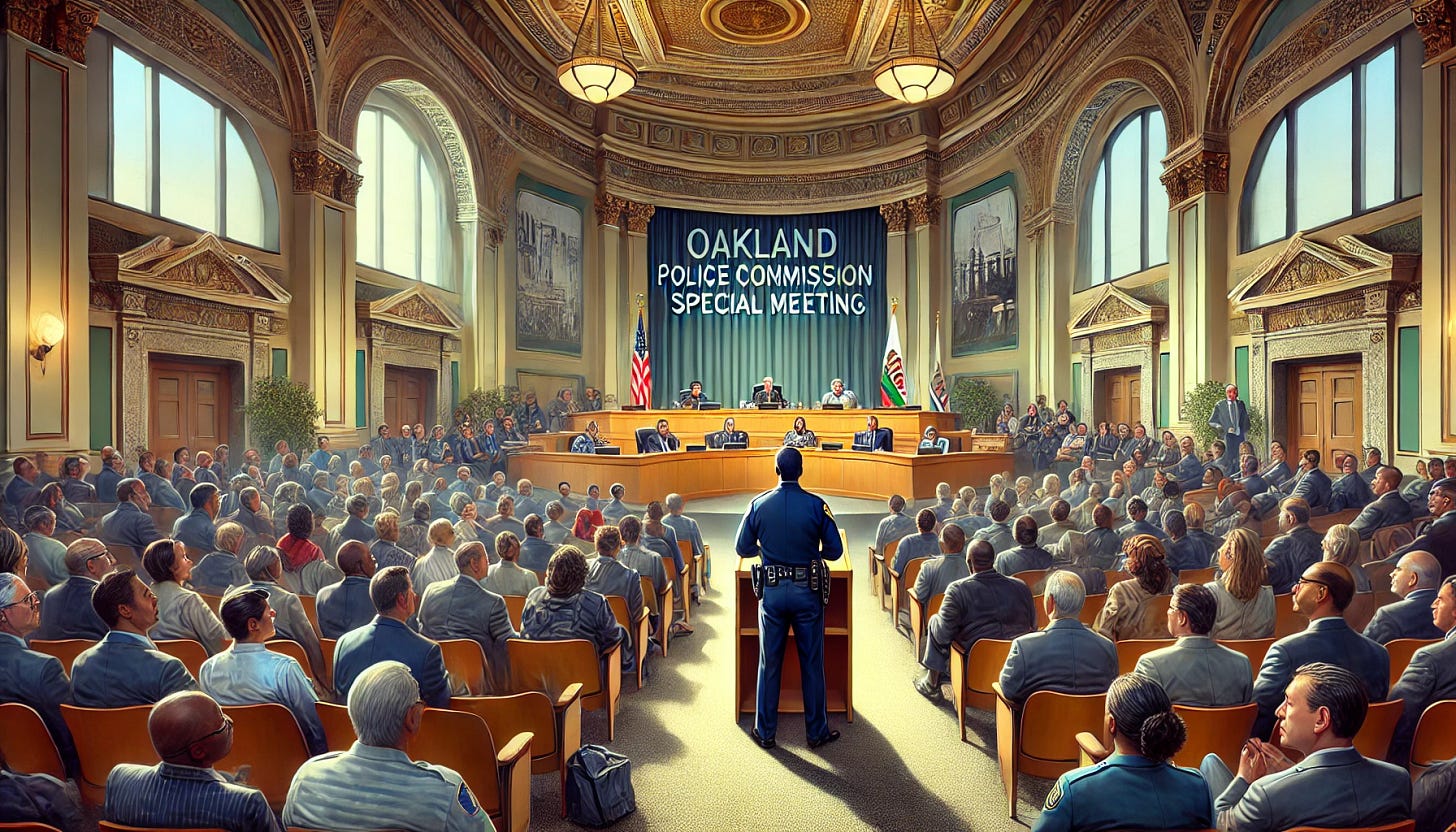 A hyper-realistic and detailed illustration of the Oakland Police Commission Special Meeting. The scene depicts the police chief speaking at a podium in front of the Oakland City Council dais, with the commissioners seated behind. The audience is modern, diverse, and dressed in contemporary attire, reflecting the people of Oakland. The chamber includes classic architecture, subdued lighting, and intricate details, emphasizing the weight and seriousness of the discussion. The style should resemble hyper-realistic paintings with sharp detail, vibrant depth, and a dramatic focus, similar to a polished artistic rendering of modern urban realism.