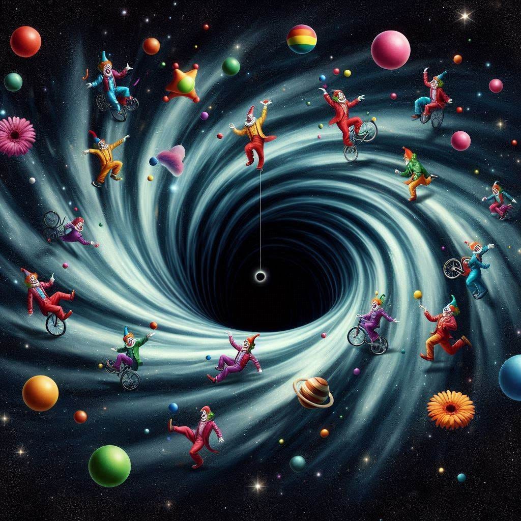 a black hole with clowns falling in