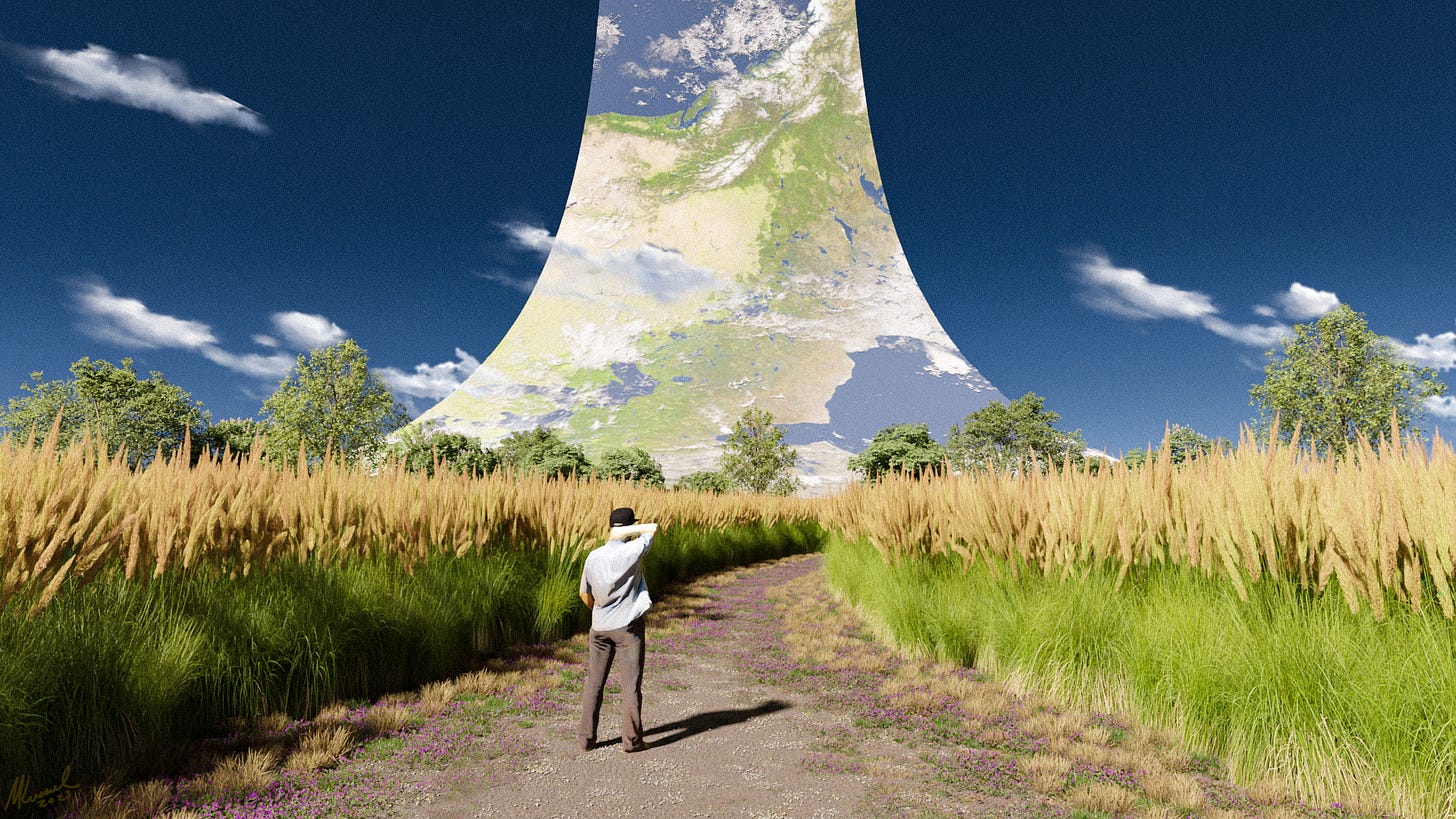 A man standing on a path among tall grasses looks out toward a rising ringworld in the far distance.