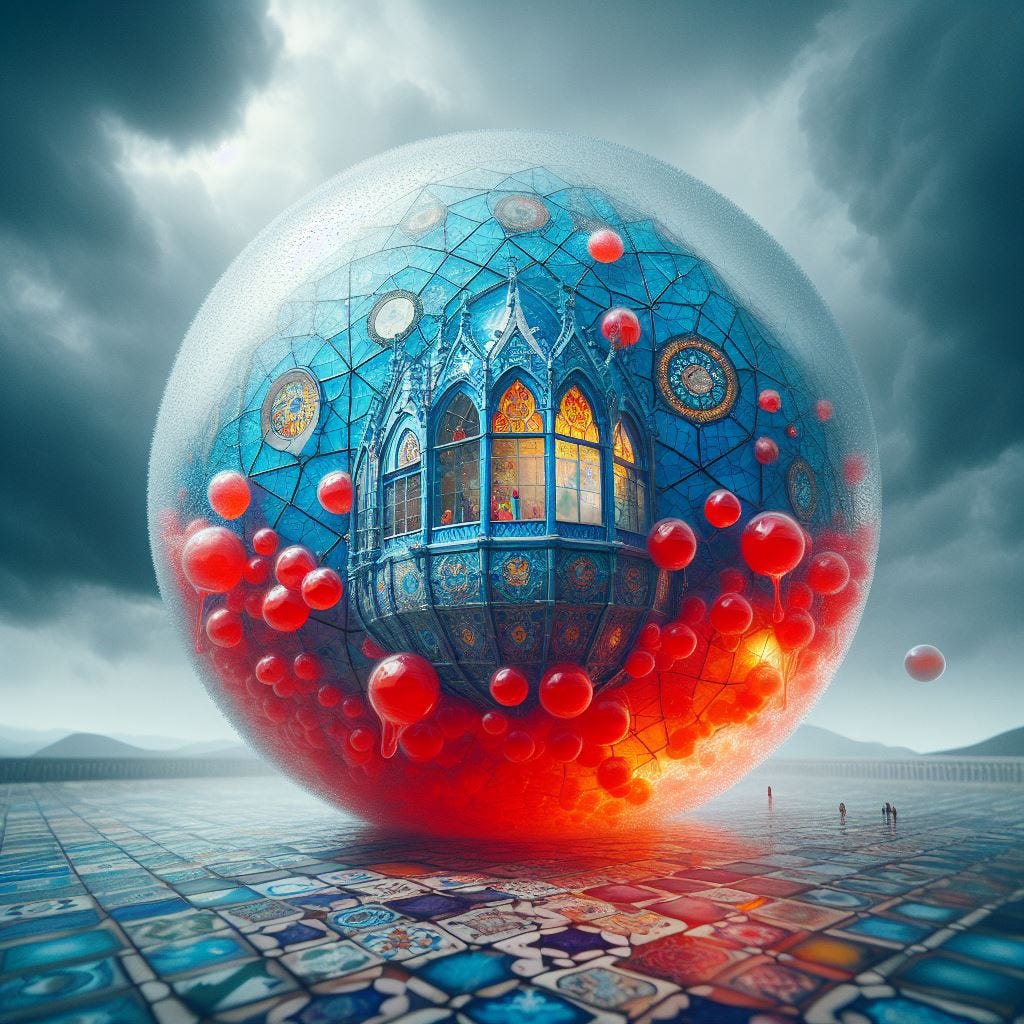 Hyperrealistic; tilt-shift; giant glass triangle with Quatrefoil on wall inside it : glass sphere with blue Gothic Tracery inside:filled with red jello.  light blue glowing decorative tiles. glass sphere contains the Hundertwasserhaus, Vienna, Austria: sphere encloses wall. Interior stormy. light.storm clouds. ethereal. tiny people. clouds red jello sea