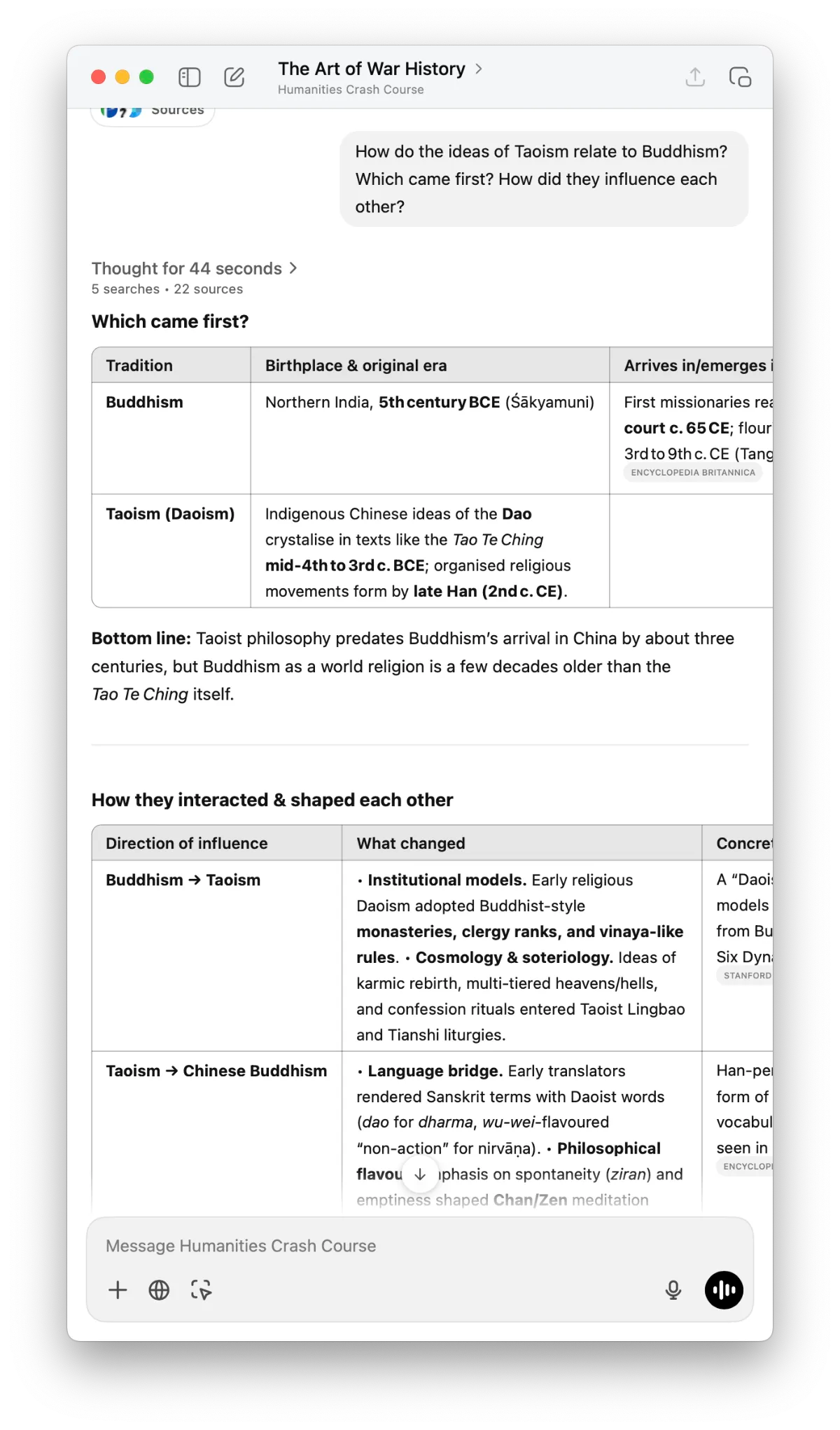 Screenshot of a narrow ChatGPT window on macOS. The user asked how Taoism and Buddhism influence each other. The answers include tables that extend well past the window's width. Screenshot of a narrow ChatGPT window on macOS. The user asked how Taoism and Buddhism influence each other. The answers include tables that extend well past the window's width.
