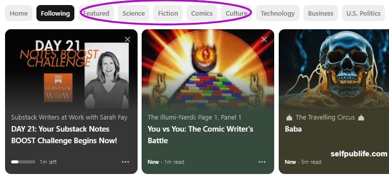 Screenshot of Substack Home showing categories/leaderboards at the top.