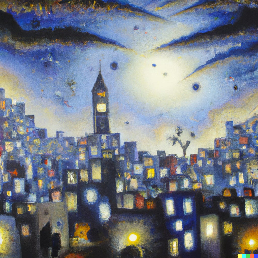 surrealist painting of a large city at night via Dall-E