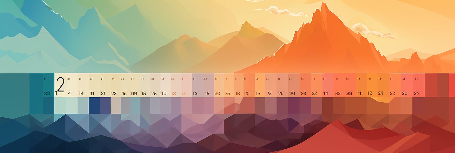 A stylized calendar against a gradient background, transitioning from cool blue and green tones on the left to warm orange and red hues on the right, features a geometric, mountainous landscape. Each day is represented by a color-coded block, with numbers indicating dates and a large, prominent "2" marking the second day.