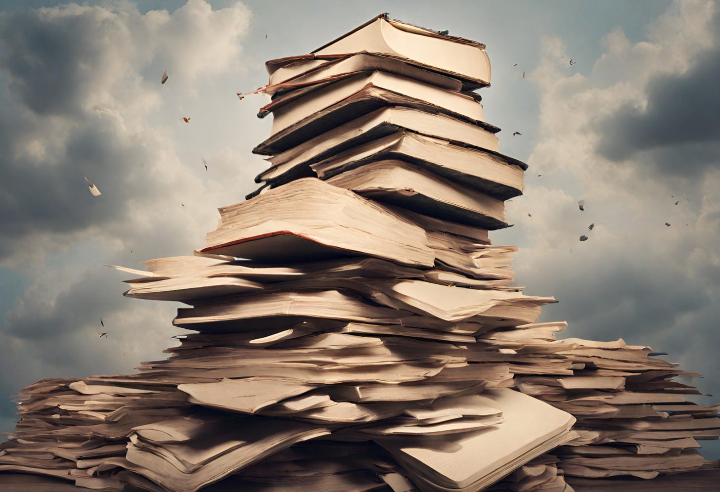 "A stack of manuscripts towers to the sky"