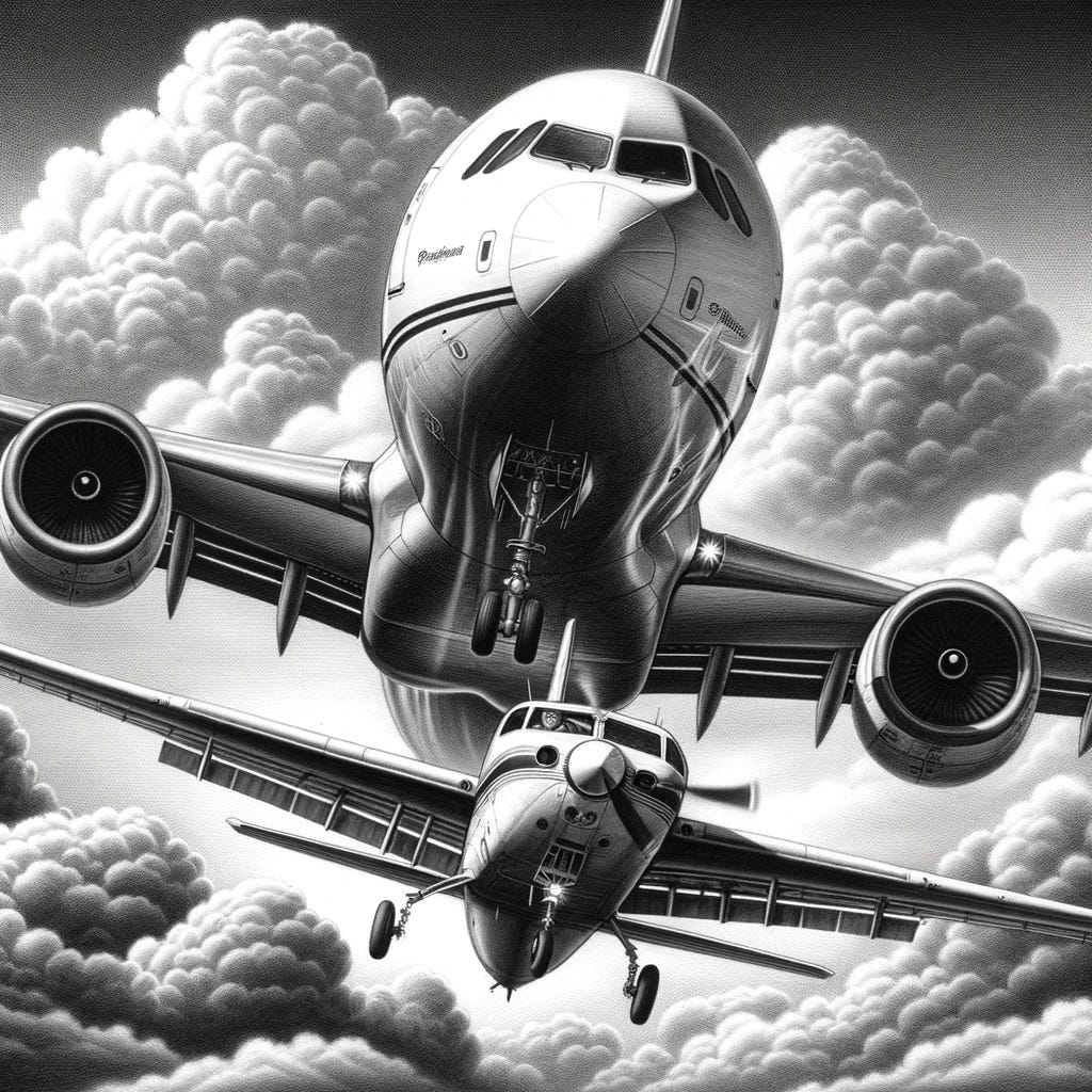 A black and white drawing depicting a near miss between two airplanes. The scene is set in the sky with clouds scattered around. One airplane, a commercial airliner, is banking sharply to the left to avoid a small private plane that has entered its flight path unexpectedly. The commercial airliner is large with visible windows and airline markings, while the smaller plane is a single-engine propeller aircraft. The expressions of the pilots can be seen through the cockpit windows, showing intense concentration and surprise. The drawing style is realistic with detailed shading to convey the dramatic nature of the scene and the movement of the airplanes.