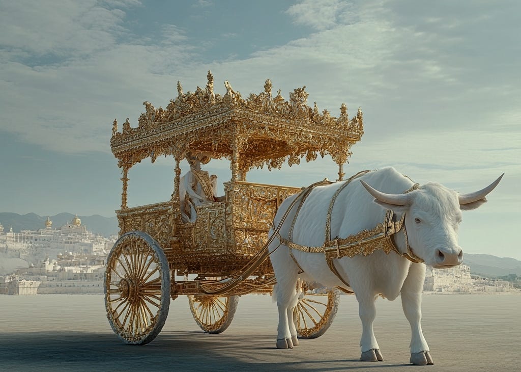 Image of a bejeweled carriage drawn by a white ox
