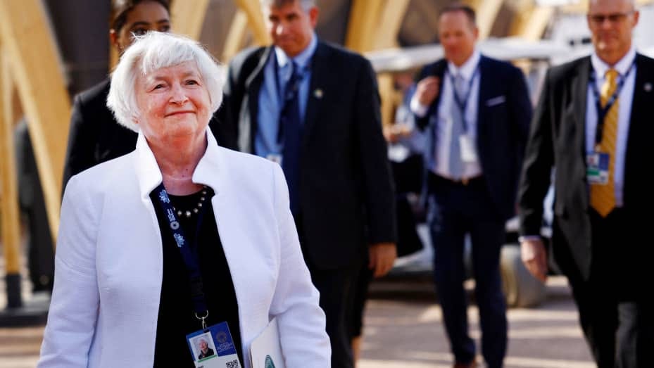 U.S. Secretary of Treasury Janet Yellen arrives for a bilateral meeting on the third day of the International Monetary Fund and World Bank annual meeting, in Marrakech, Morocco, October 11, 2023.