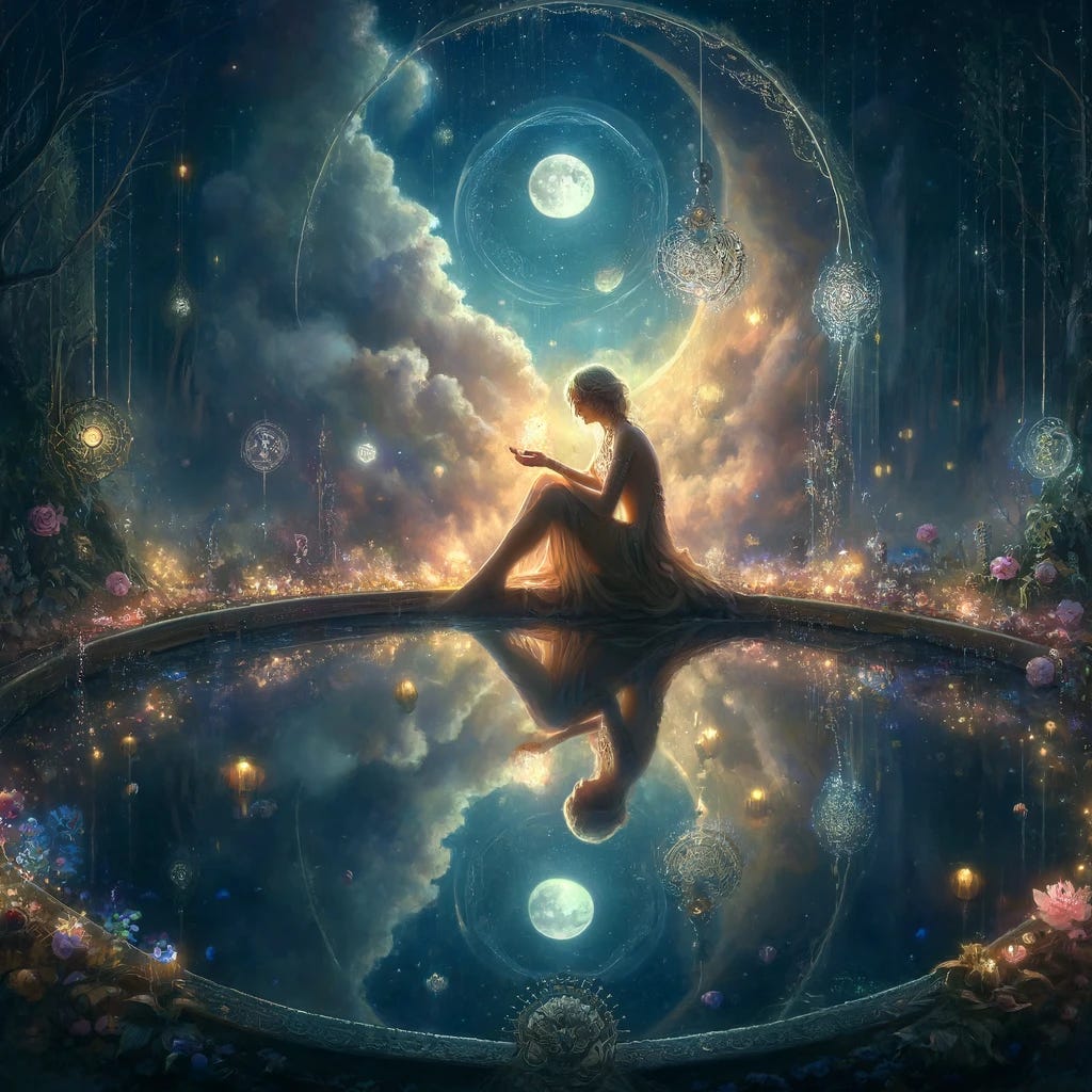 Imagine The Wounded Dreamer in a serene, moonlit glade within Mirrormere, symbolizing the landscape of her inner world as she navigates the complexities of intimacy and connection. She sits beside a tranquil reflecting pool, which mirrors the moon and stars, representing her reflection on the deep, emotional bonds she seeks. Around her, the glade is filled with soft, glowing lights and gentle, ethereal music, embodying the harmony and connection of soulful intimacy. The Wounded Dreamer is surrounded by delicate, luminous flowers that bloom in the night, symbolizing the growth and beauty that comes from vulnerable, heartfelt connections. In her hands, she holds a small, intricate locket that opens to reveal a mirror, signifying self-love and the recognition of one's own worth in the journey of intimacy. Her expression is one of calm and introspection, reflecting her deepening understanding and acceptance of her own desires and the value of true, meaningful connections.