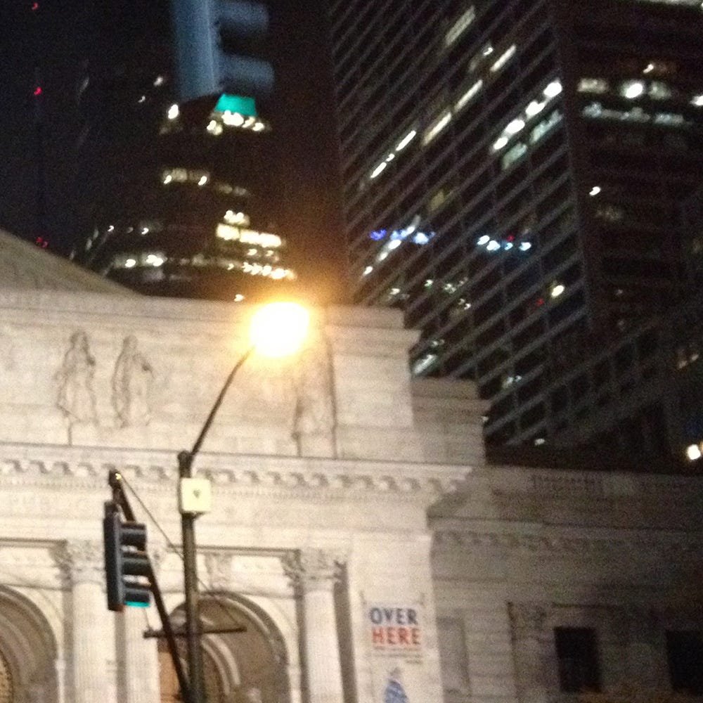 Photograph of a detail of New York Public Library in the early hours