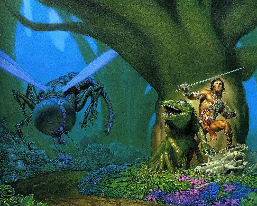 John Carter strikes a heroic pose with rapier in one hand and long dagger drawn back in the other. He plants a foot on a tusked skull sitting in a bed of green and purple ground cover. The wide, smooth trunk of a huge tree rises behind him. At his side, Woola the eight legged Calot, depicted with green scaled skin and a wide, pronounced muzzle, fixes the red bead of its eye on a massive Barsoomian insect hovering left. With the oversized eyes of a fly, the wings of a dragonfly, and a stinger like a scorpion, it presents as a threat with 6 legs drawn up ready to capture prey.