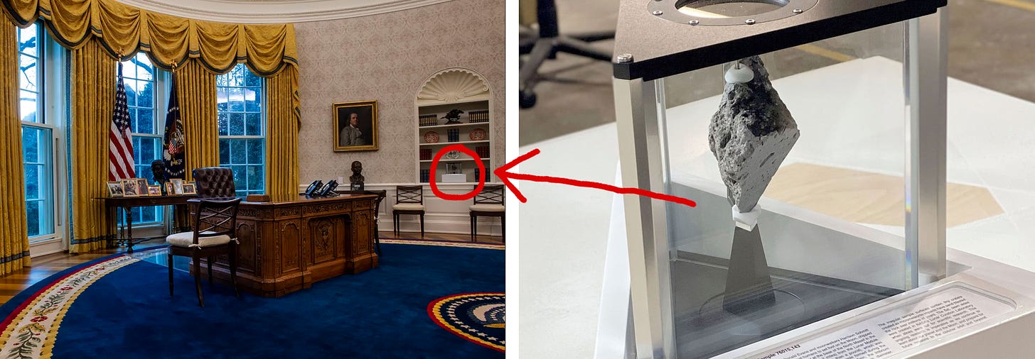 Left image: the oval office with a moon rock on a shelf next to the  Resolute Desk; Right image: a close up of the moon rock in a glass case.