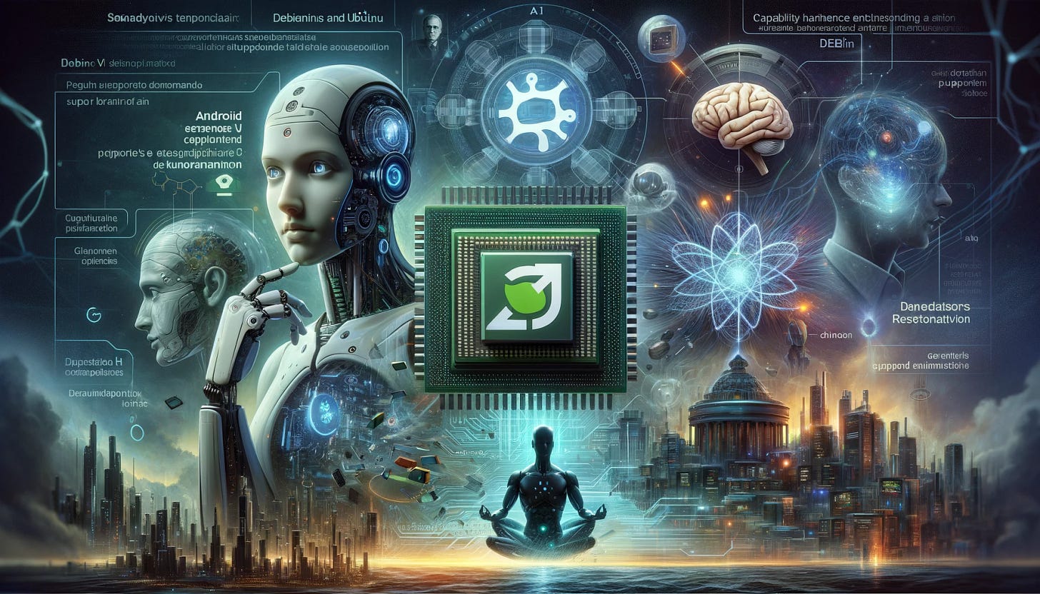 A futuristic digital artwork illustrating the RISC-V ecosystem with no text or symbols. The artwork includes: an Android robot seamlessly integrating with RISC-V technology, represented in a dynamic, high-tech environment; AMD's MicroBlaze V processor visualized as a modern, sophisticated chip in a futuristic setting; the Semidynamics Tensor Unit for AI depicted as an advanced AI brain interconnected with RISC-V technology; and a political element shown as a contemplative figure observing the RISC-V advancements. The background subtly suggests support from Debian and Ubuntu for RISC-V, and includes a representation of CHERI (Capability Hardware Enhanced RISC Instructions) as a protective shield over the RISC-V infrastructure. The overall theme is futuristic and tech-focused, emphasizing the potential and growth of RISC-V in various technological domains.