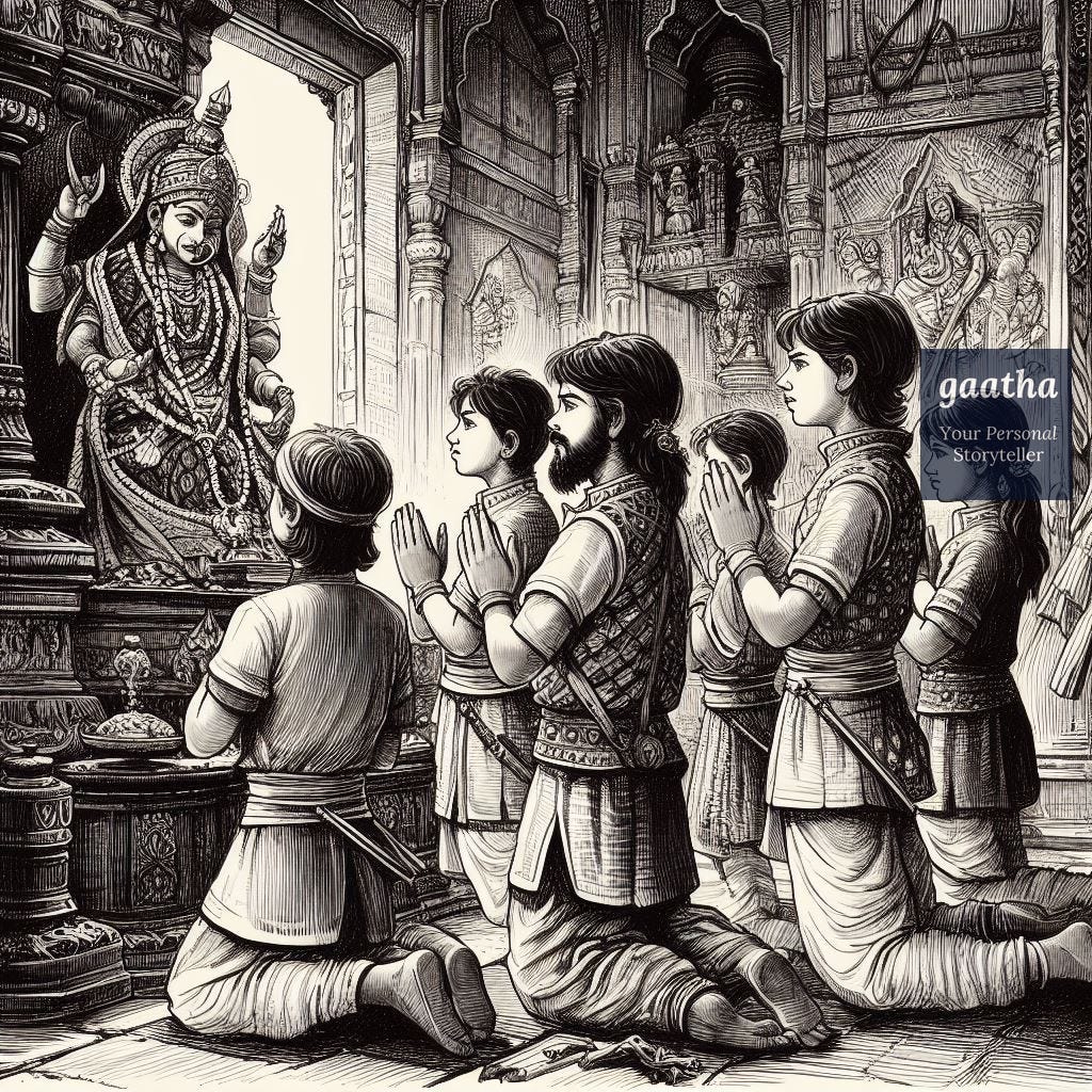 AI generated Image of Shivaji Maharaj as a young boy, praying ot goddess Bhavani with his friends. Amar Vasy for gaathastory, 2024