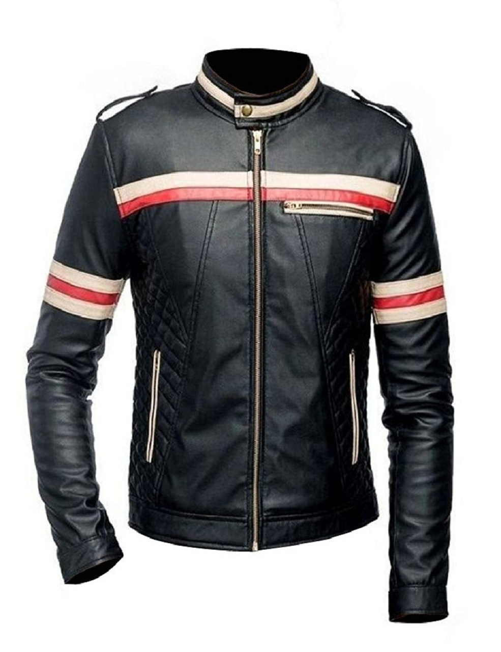 Cafe Racer Biker Style Black Jacket with Red and Beige Stripes