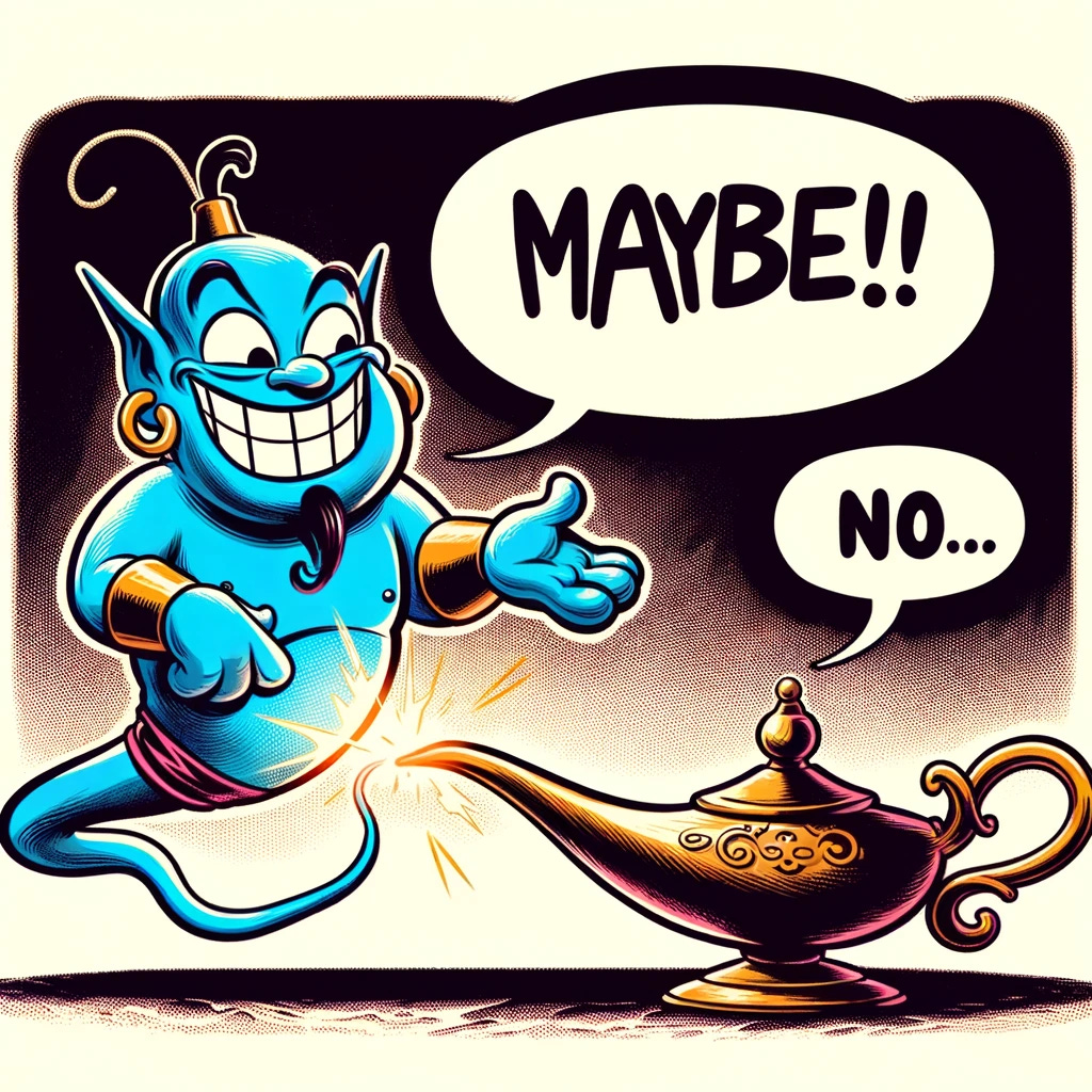 Comic illustration of a mischievous genie emerging from a sparkling magic lamp. The genie grins broadly while declaring 'MAYBE!!' in a large speech bubble. Contrarily, a thought bubble above the lamp discreetly contradicts with a whispered 'NO...,' adding a layer of humor to the whimsical scene.