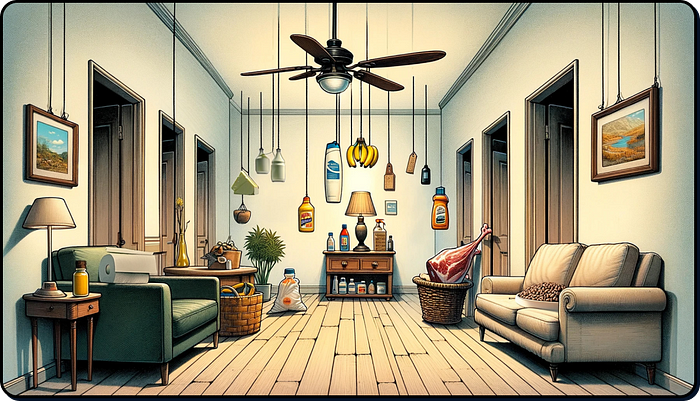 image of a room with shopping items littered throughout on various furniture and surfaces