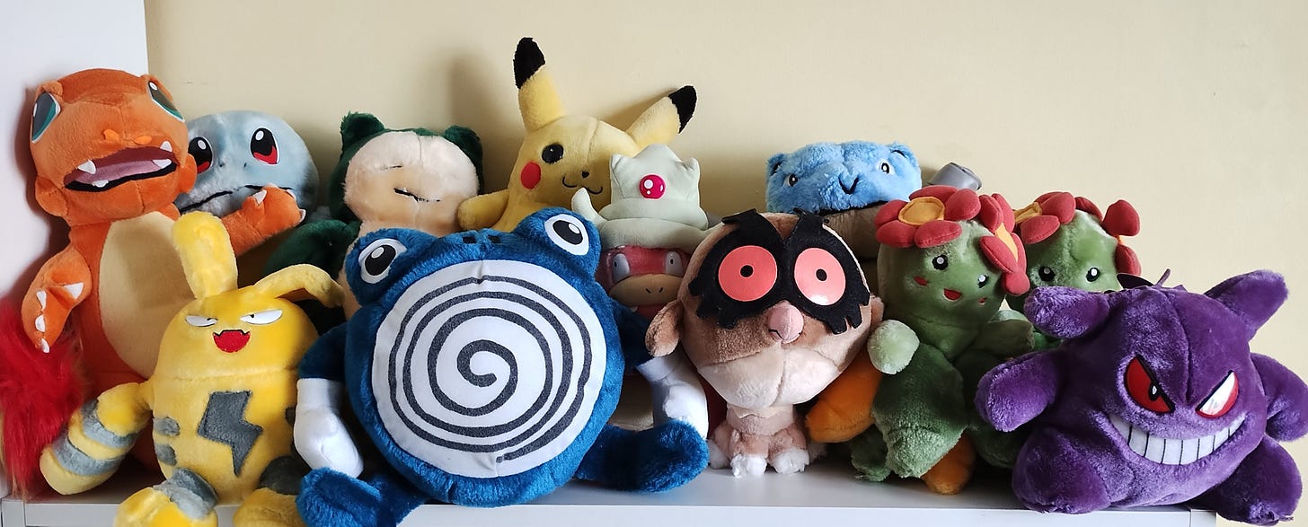 My collection of Pokémon plush toys, originally released in the late 90s and early 2000s, made by companies such as Hasbro and Play by Play