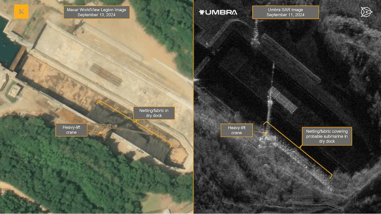 Left: Maxar WorldView Legion image showing a large object under fabric or netting at a dry dock in North Korea, acquired Sept. 10, 2024. Right: Umbra synthetic aperture radar image of the same location one day later. Credit: Maxar and Umbra Left: Maxar WorldView Legion image showing a large object under fabric or netting at a dry dock in North Korea, acquired Sept. 10, 2024. Right: Umbra synthetic aperture radar image of the same location one day later. Credit: Maxar and Umbra