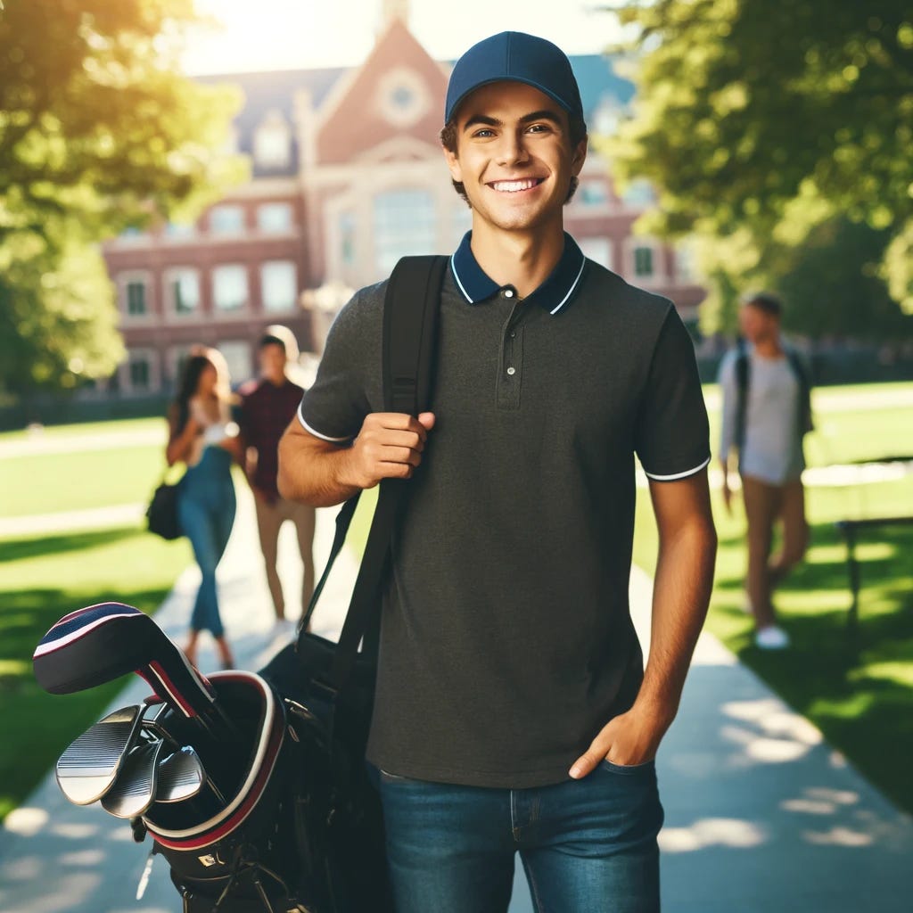 An image of an optimistic freshman arriving on a college campus, embodying the excitement and enthusiasm of starting a new chapter. The student is dressed in casual sportswear, wearing a cap and carrying a golf bag, clearly a member of the college golf team. The background shows a vibrant college campus with students walking around and trees lining the paths. The setting is sunny and welcoming, suggesting a positive beginning to college life.