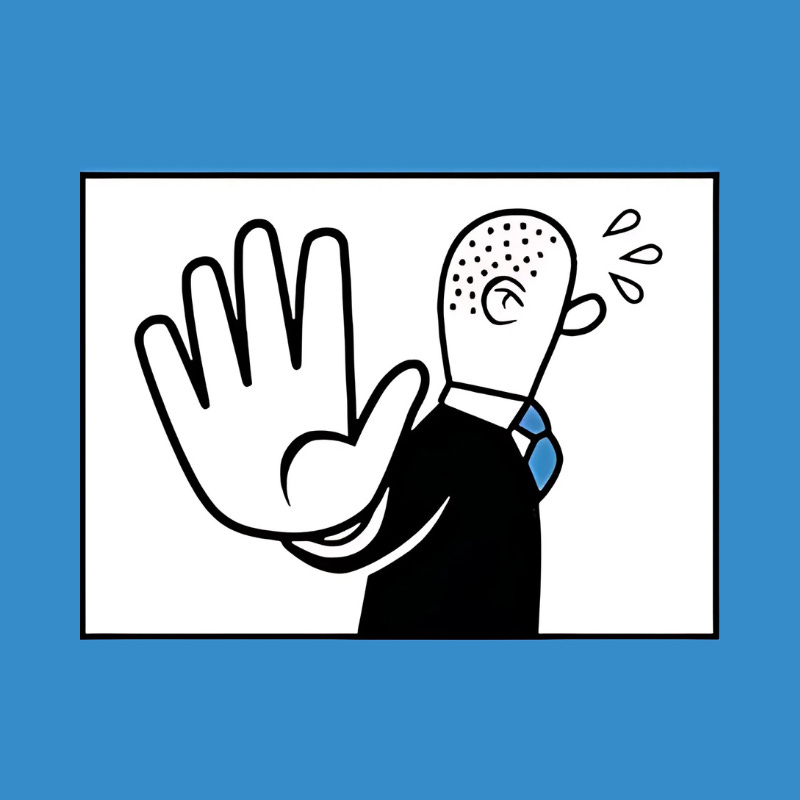 Cartoon of a bald man in a suit holding up his hand in a stop gesture, eyes closed with sweat flying off his head in frustration. The background is white, framed in blue.