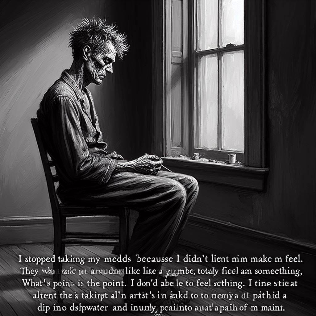 As Vague As He Is Flawed  ﻿Failed poet said,  “I stopped taking my meds because I didn’t like the way they made me feel.  I walked around like a zombie, totally numb.  What’s the point?  I’d rather be able to feel something, even if it’s anger and despair and irritation and sadness.  I’m a poet, I need to be able to experience the entire range of my emotions, that’s like taking away an artist’s paint and asking him to dip his brush into a pail of dishwater.  How do you paint 