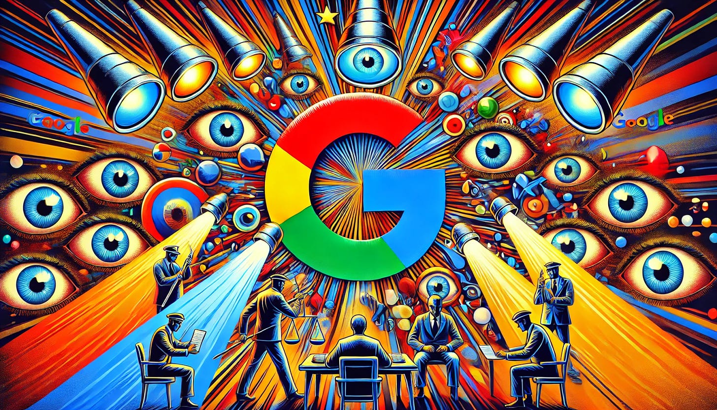 A dynamic pop-art style illustration representing 'Google under scrutiny'. The scene includes a large, colorful representation of the Google logo, surrounded by intense elements like searchlights and eyes to symbolize scrutiny. The background should be filled with abstract shapes and bursts of bright colors to enhance the dramatic effect, emphasizing the pressure from regulators. Include symbolic figures like judges or lawyers in a caricatured form, interacting with the Google logo. Maintain a 16:9 aspect ratio, ensuring a vibrant and engaging composition.