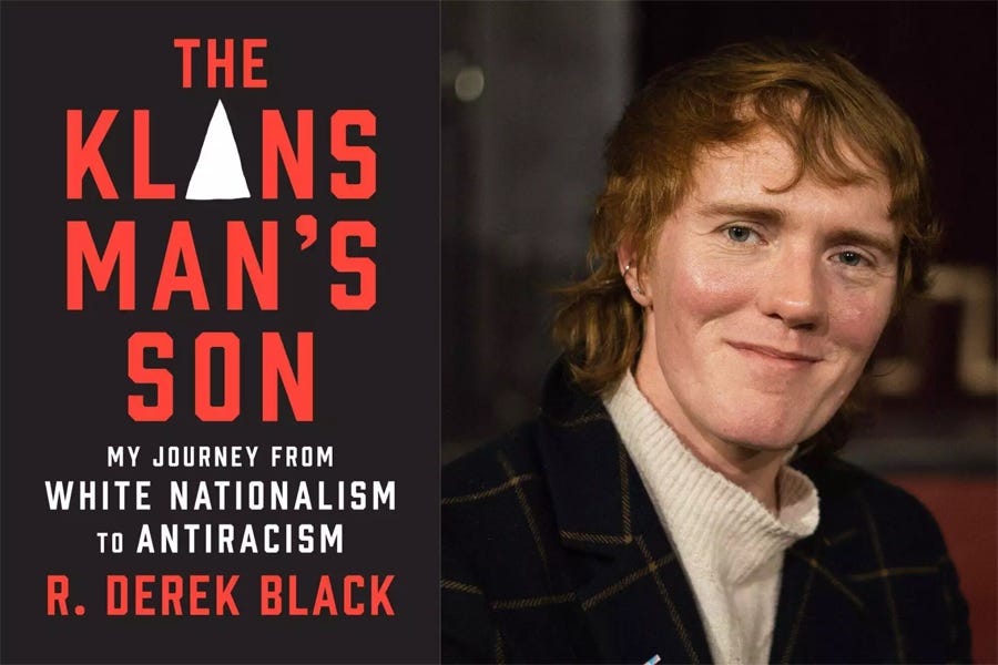 Cover of book 'The Klansman’s Son: My Journey from White Nationalism to Anti-Racism' and photo of author R. Derek Black