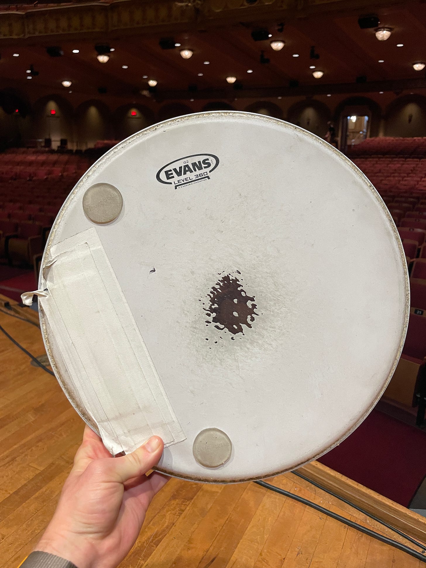 A snare drum head that I used for many, many shows, with a hole almost worn in it.