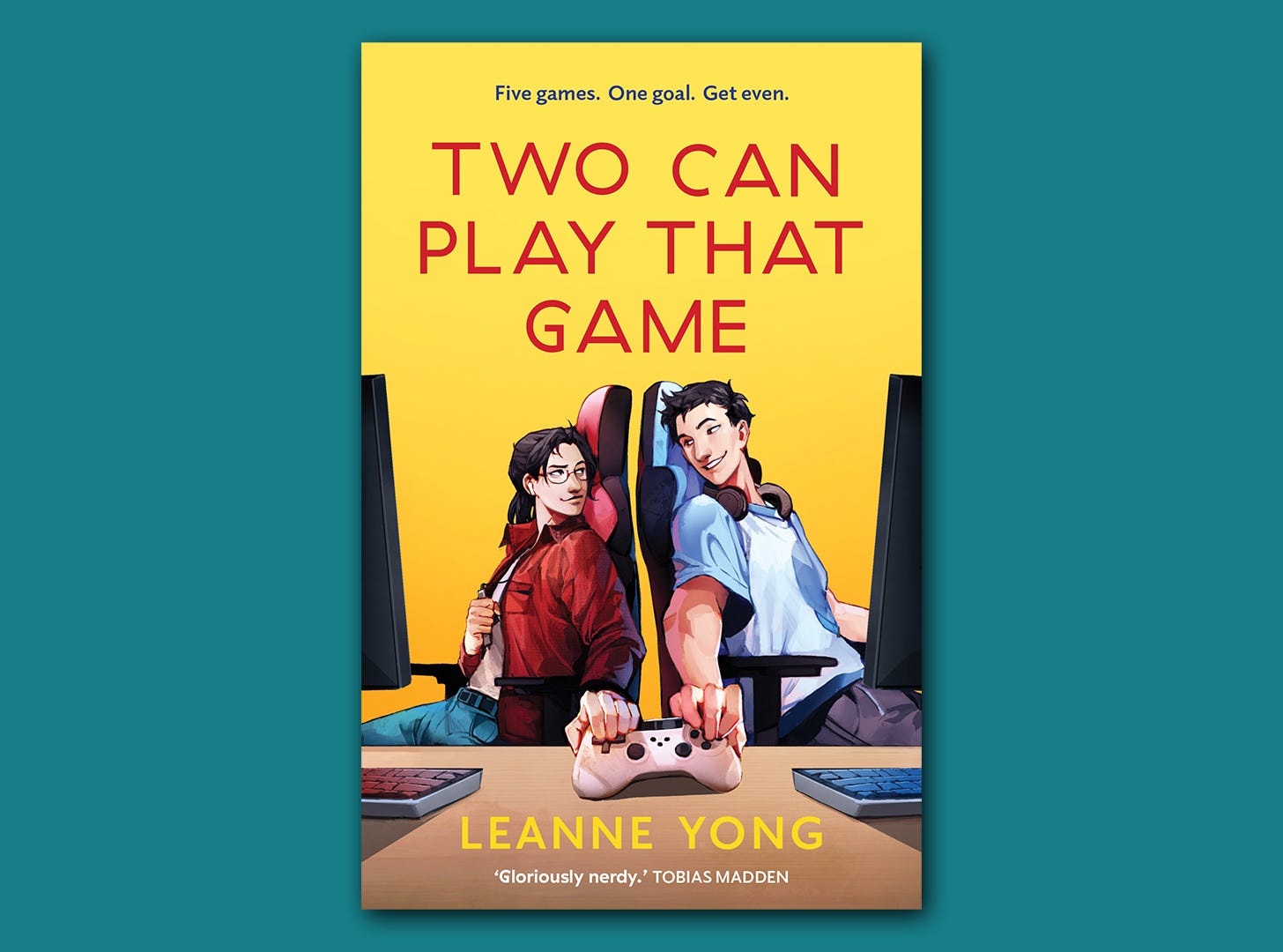 The book cover of 'Two Can Play That Game' superimposed on a blue colour block background. The book cover is a bright yellow showing an illustration of two teenagers sitting at their computers. The tagline reads 'Fives games. One goal. Get even.'