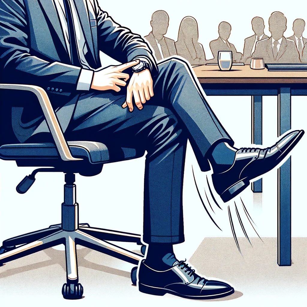 Illustration in a minimalist, professional style showing a person sitting in a meeting, subtly tapping their foot under the table while checking their watch. The person is depicted in formal business attire, with one hand raised to glance at the watch on their wrist, and the other hand resting on the table. The foot tapping is done in a discreet manner under the conference table. The setting includes a hint of other meeting attendees in the background, focusing on the action of checking the time and foot tapping in a professional context. The style should be clean and suitable for a business article.