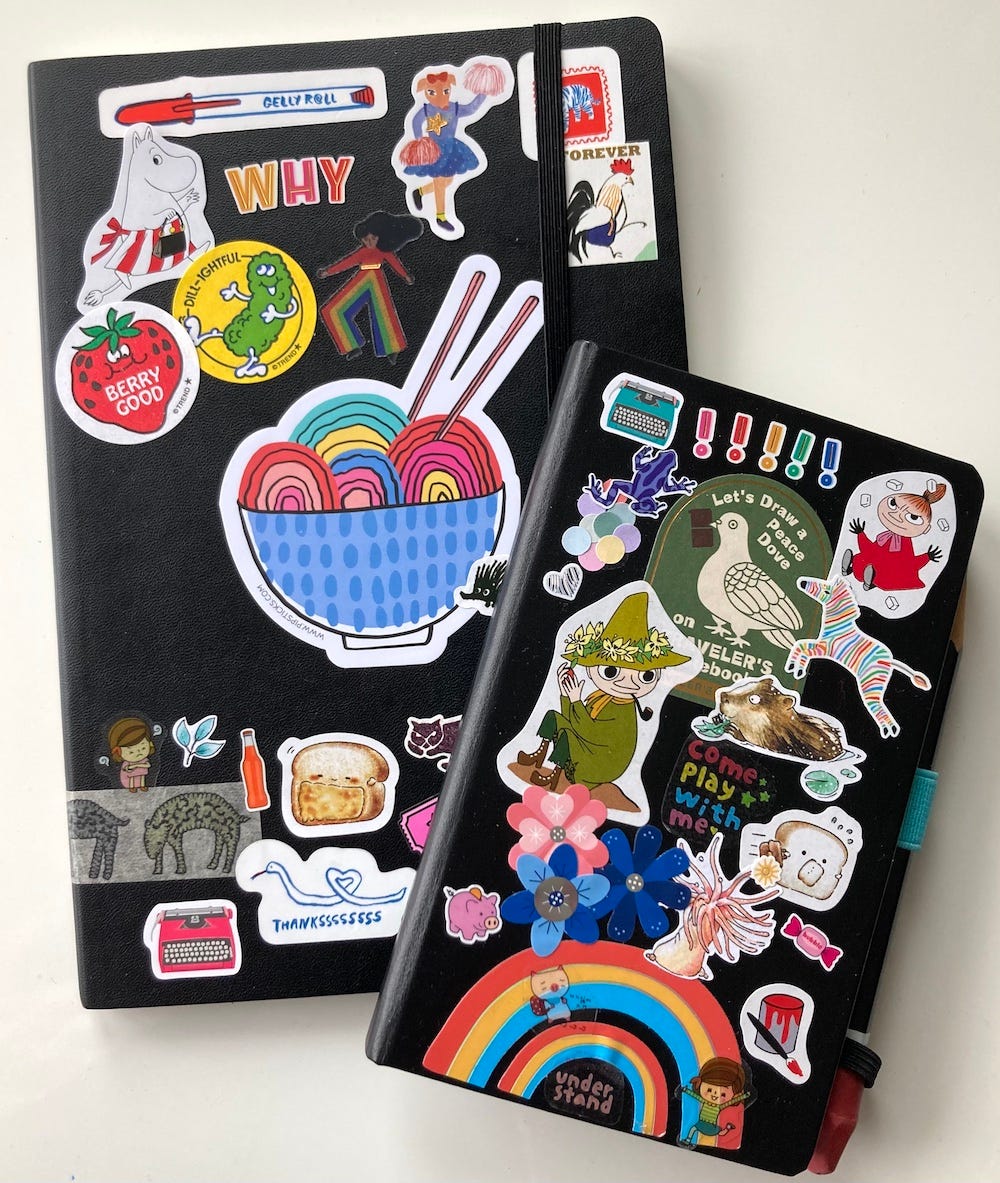 Photo of two black notebooks covered in stickers