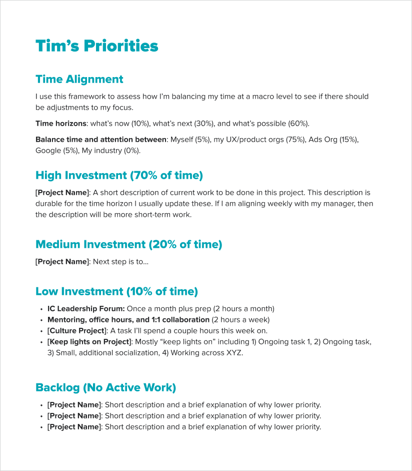 Example document showing time alignment, high investment, medium investment, and low investment. The backlog is the most important part.