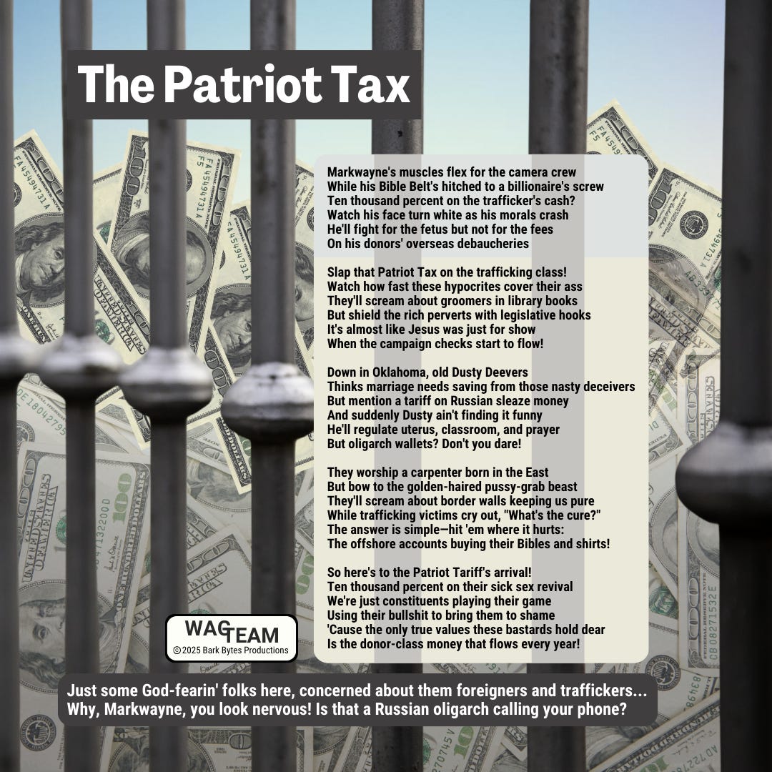 Lyrics to 'The Patriot Tax' displayed over an image of hundred dollar bills visible through prison bars, symbolizing the money that should be locked up through the proposed 10,000% tariff on traffickers and oligarchs.