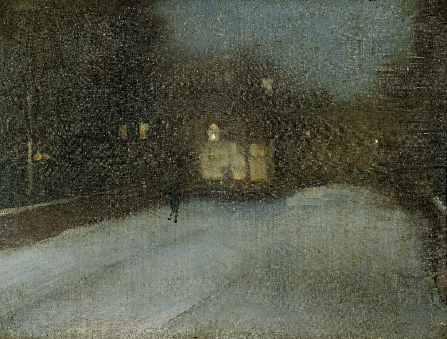 Oil painting depicting a moody nighttime scene, a solitary figure walking along a snow-covered street, with candlelit windows appearing on each side of the road