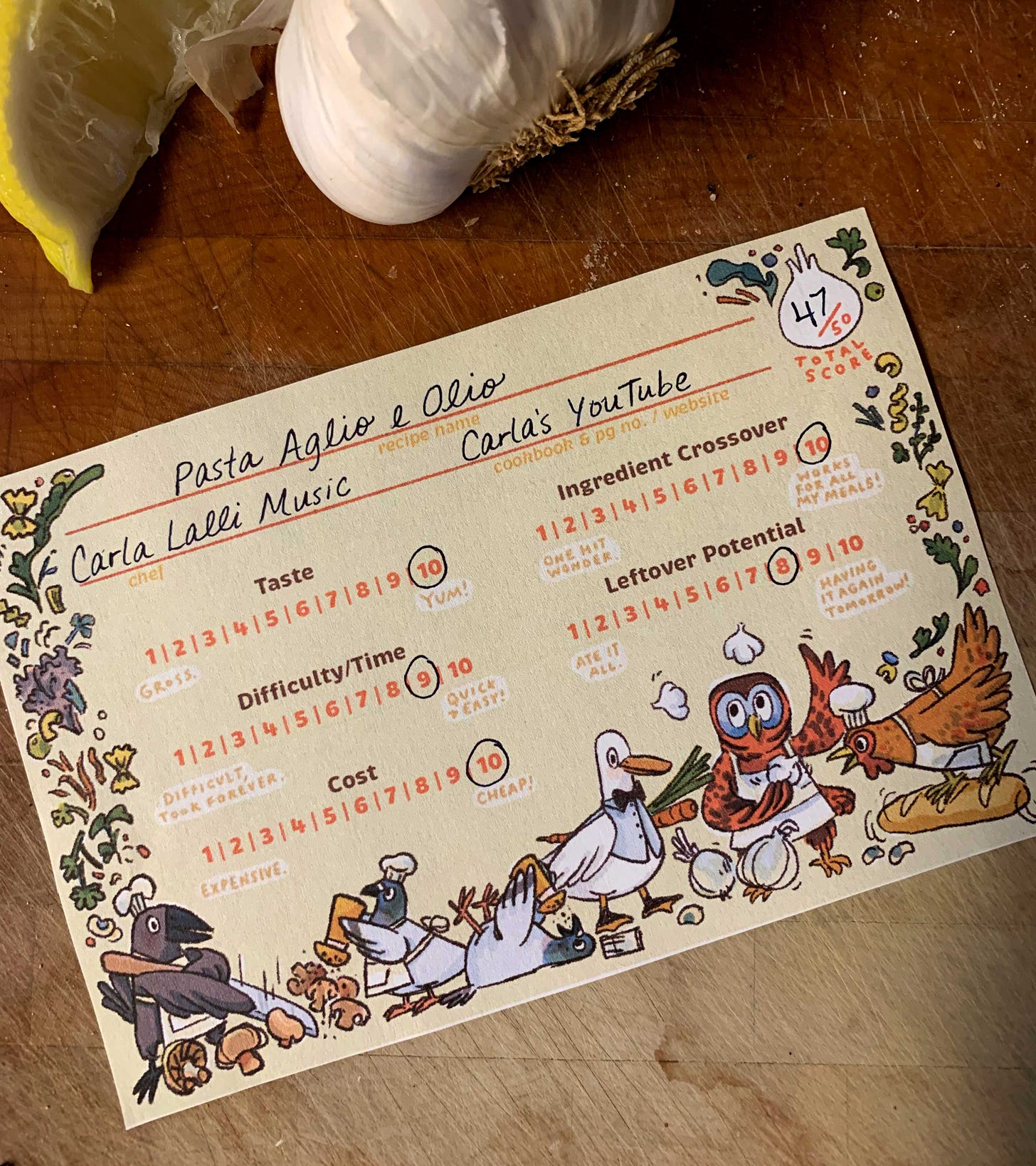 photo of the Kayla Stark Recipe Rubric featuring the neutral bird character illustrations on a cutting board with garlic and lemon