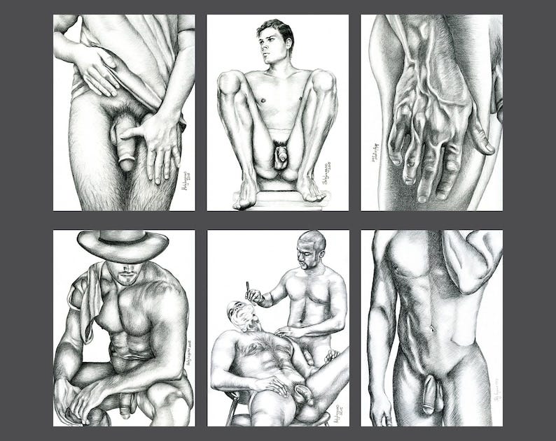 Set of 6 cards 5x7 Gay Man Male Nude from Helg Lugano pencil drawings image 2