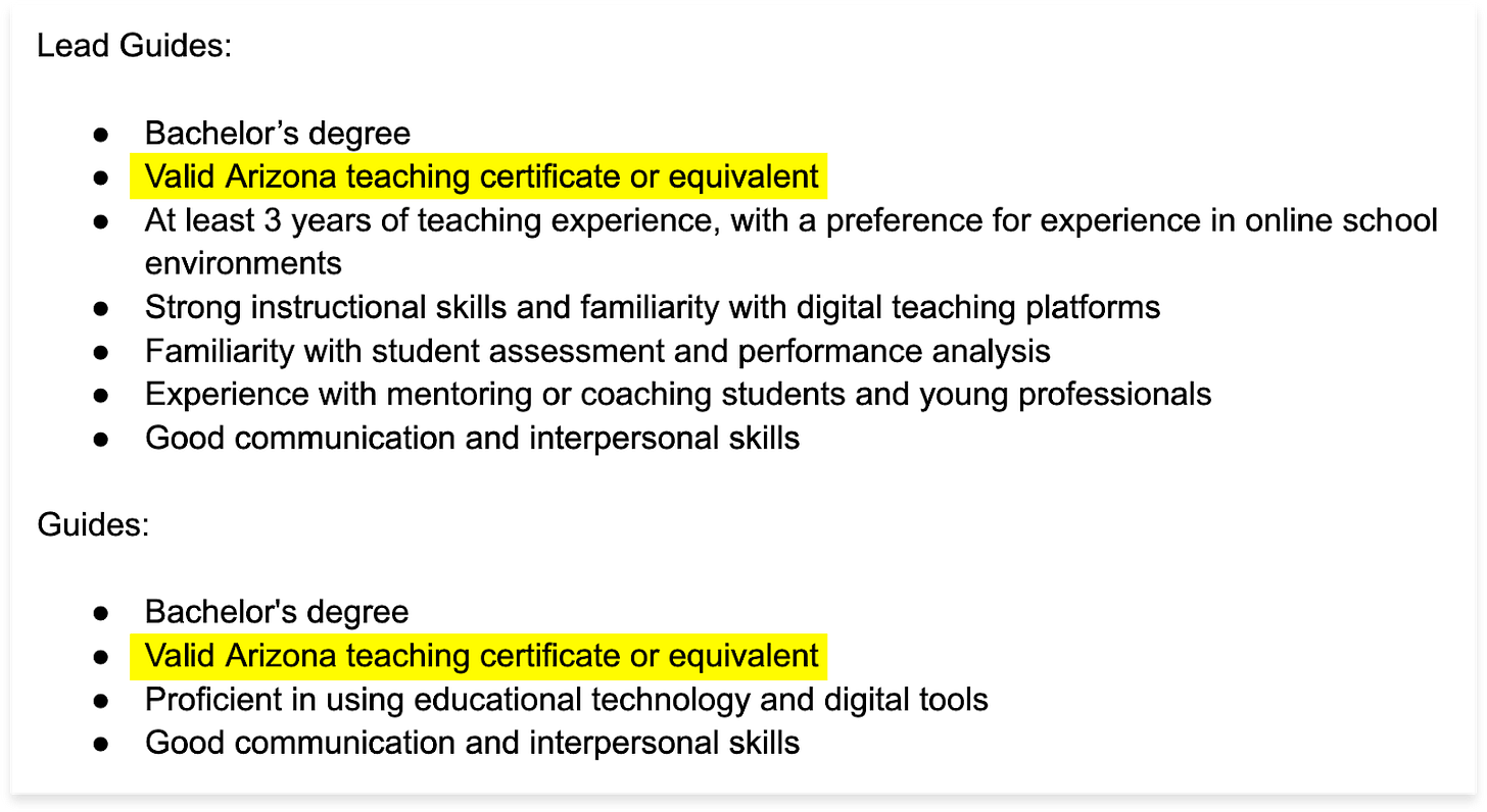 The job description for "Guides" and "Lead Guides." Both list "Valid Arizona teaching certificate or equivalent."