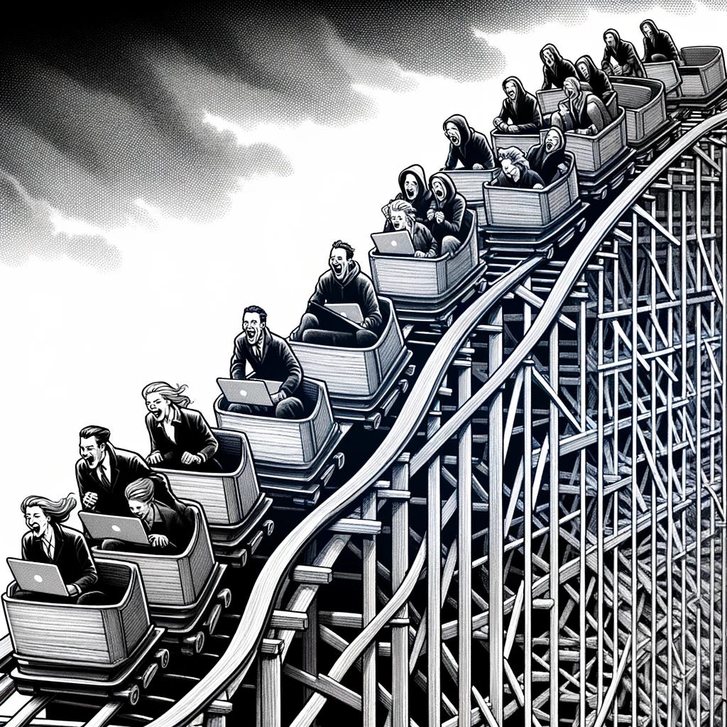 A black and white cartoon in the style of The New Yorker, featuring seven parallel wooden roller coasters on an even steeper upward path than before. The design of the roller coasters should highlight their classic wooden structure and the dramatic steepness of the climb. The business people in hoodies in the carts are actively cheering, with more visible expressions of excitement and triumph. Importantly, many of them are holding laptops, clearly visible in their hands, along with charts and graphs, illustrating their strong connection to the tech and business world. This scene symbolizes the challenging and exhilarating climb to success in the modern business environment. The cartoon should be intricately detailed, capturing the intense and optimistic mood, without any text or captions.