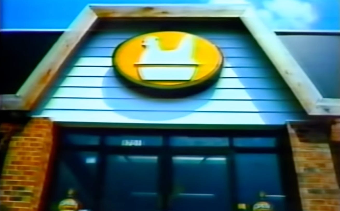 video still from white hen pantry commercial showing the front of a 1980s store